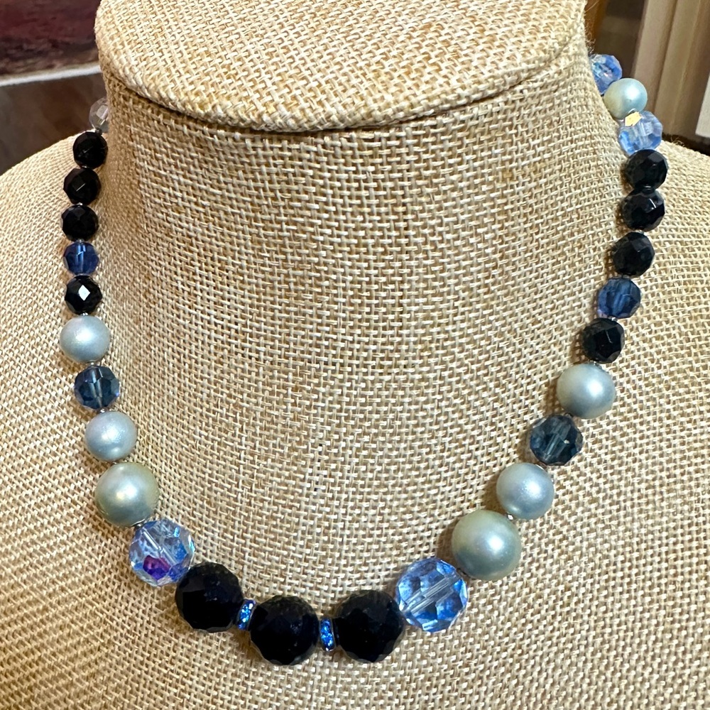 Vintage Dixelle 12k gold filled blue and gray plastic and faux pearl necklace